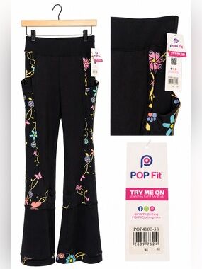 POP Fit Floral Panel Flare Leggings Size M High Waisted Yoga Pants NWT